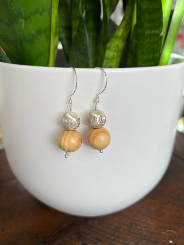 Wood and Silver Bead Drop Earrings